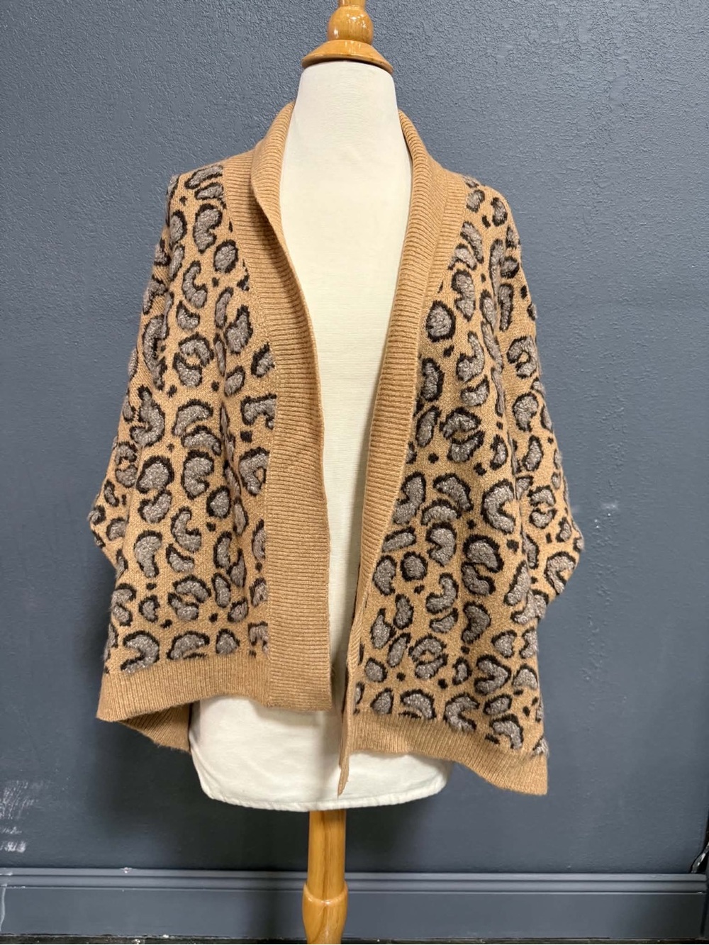 Leopard Print Open-Front Poncho Shrug - Camel